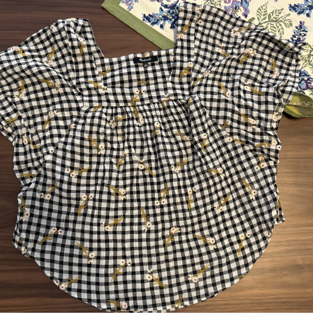 Madewell Black and White Gingham Ruffled Blouse- M
